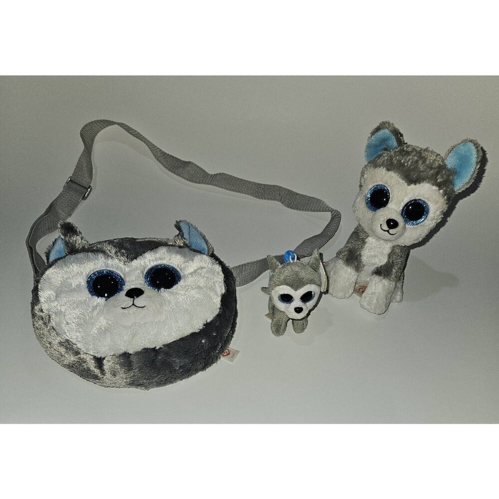 3 Ty Slush Husky Dog Beanie Boo Toy Lot Bag Purse 7" Plush 3.5" Backpack Clip